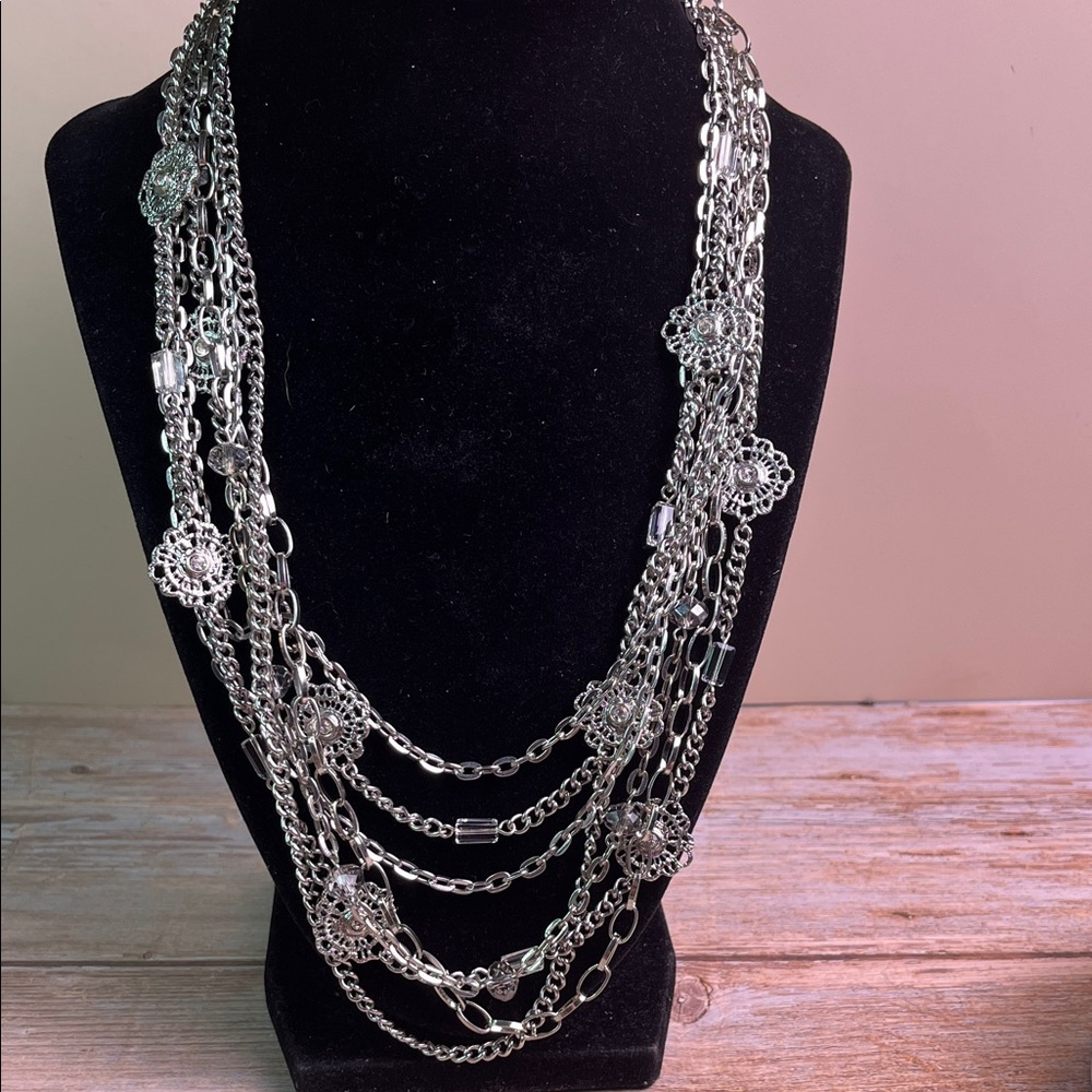Multi strand layered silver tone charms and chains, statement, 90's, necklace